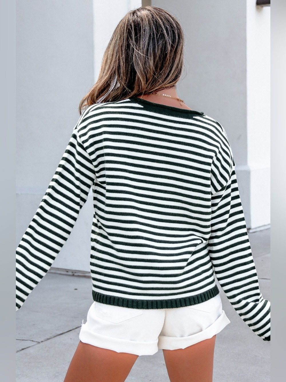 Striped Button Placket Drop Shoulder Long Sleeve Sweater - Picture 14 of 16